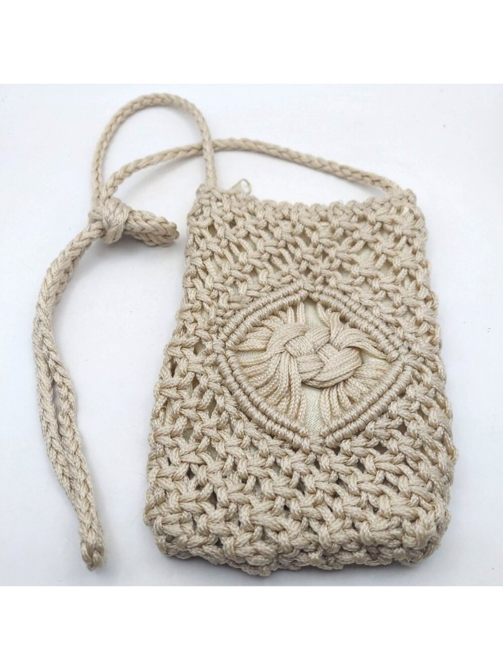 Macrame Crochet Crossbody Bag Purse Beige Boho Summer Retro Light Lined Zip Top